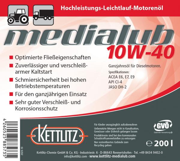 KETTLITZ-Medialub 10W-40 Hochleistungs-Leichtlauf Motorenöl API CI-4; ACEA, E6, E7, E9  - 208 Liter Fass